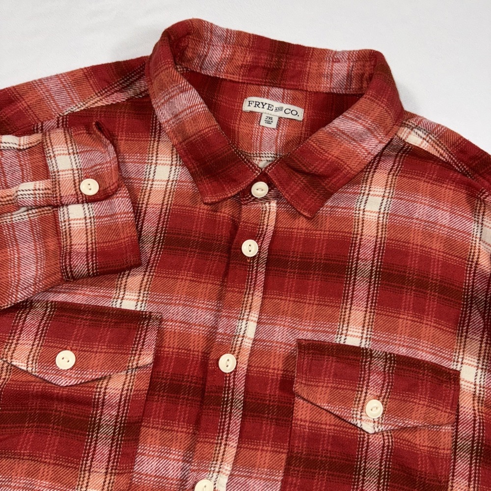 Frye And Co Flannel Shirt‎ Men's XXL Red Plaid Long Sleeve Button Down Pockets